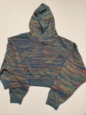 Urban Outfitters Teal Multicolor Marled Knit Hoodie Cropped Sweater